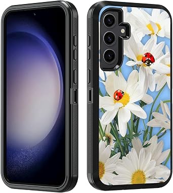 for Samsung Galaxy S24 FE Case, Heavy Duty 3 in 1 Hybrid Hard PC & Soft Silicone Shockproof Drop Protection Case for Samsung Galaxy S24 FE 5G 2024, Daisy Flowers and Ladybug