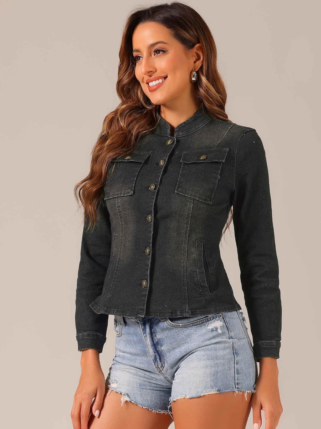 Allegra K Casual Denim Jacket for Women's Classic Stand Collar Long Sleeve Jean Jacket - Image 3