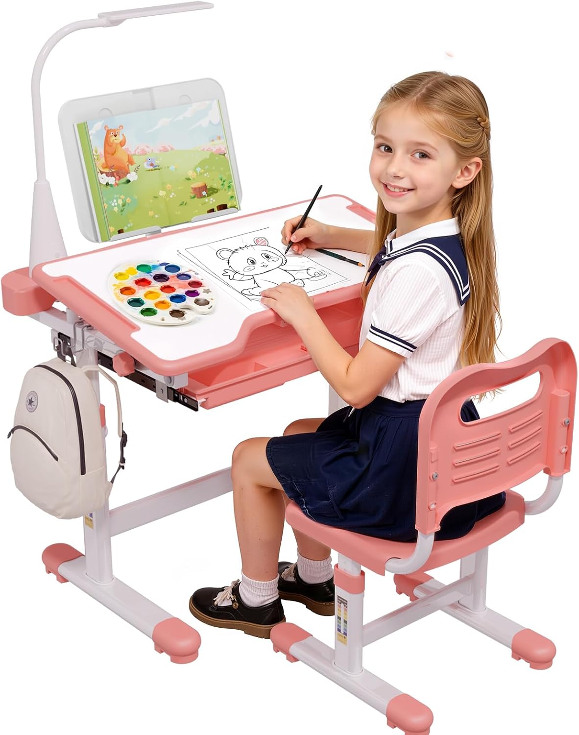 BIERUM Kids Desk and Chair Set - Height Adjustable 55° Tiltable Student Desk, Ergonomic Widened Desktop Table with Painting Mat, Bookstand and 3 Modes LED Lamps for Kids Ages 3-12, Pink