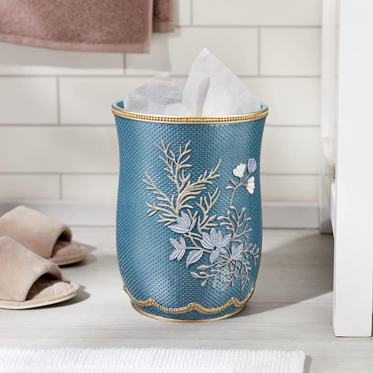 Venalys Small Gold Metal Trash Can Wastebasket, Decorative Hollow-Out Garbage Can Waste Paper Bin, Modern Farmhouse Round Trash Bin For Bathroom, Bedroom, Kitchen And Office (Lace - View #3