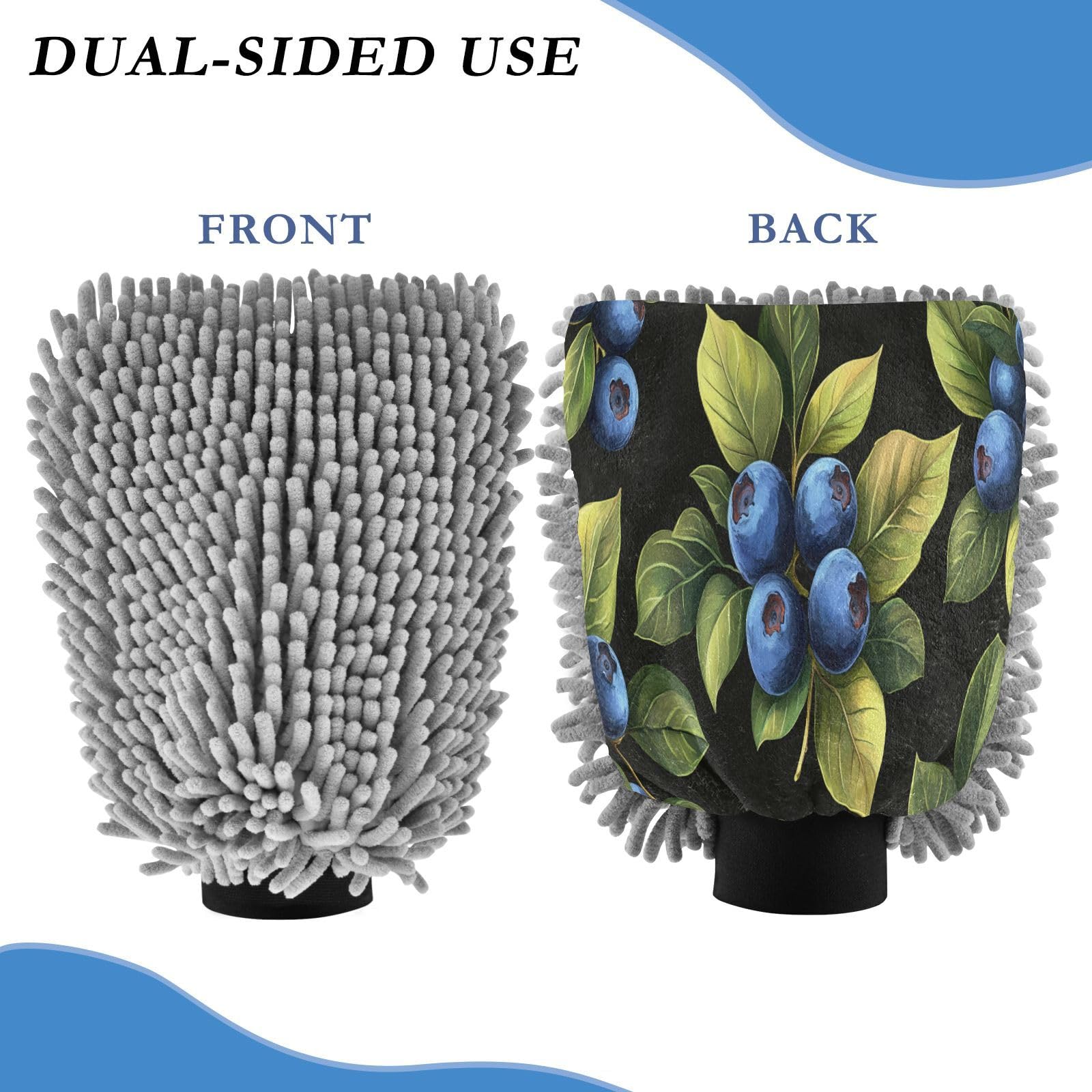 STAYTOP Fresh Blueberries Car Wash Mitt Microfiber, 2Pcs Scratch Free Lint-Free, Premium Chenille Microfiber Mitt Car Wash Brush-L
