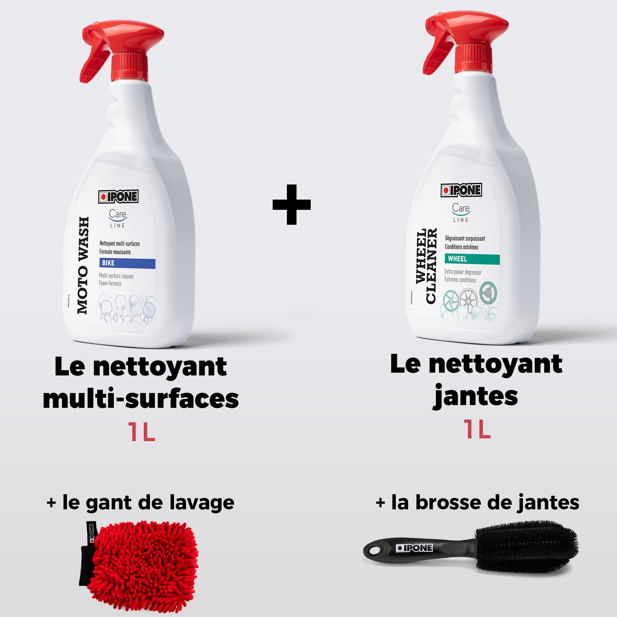 IPONE - Pack Entretien Nettoyage Complet Moto - Cleaning kit - Nettoyant Multi Surfaces Moto Wash 1L + Dégraissant Surpuissant Jantes Wheel Cleaner 1L + Gant Lavage Microfibre + Brosse Jante