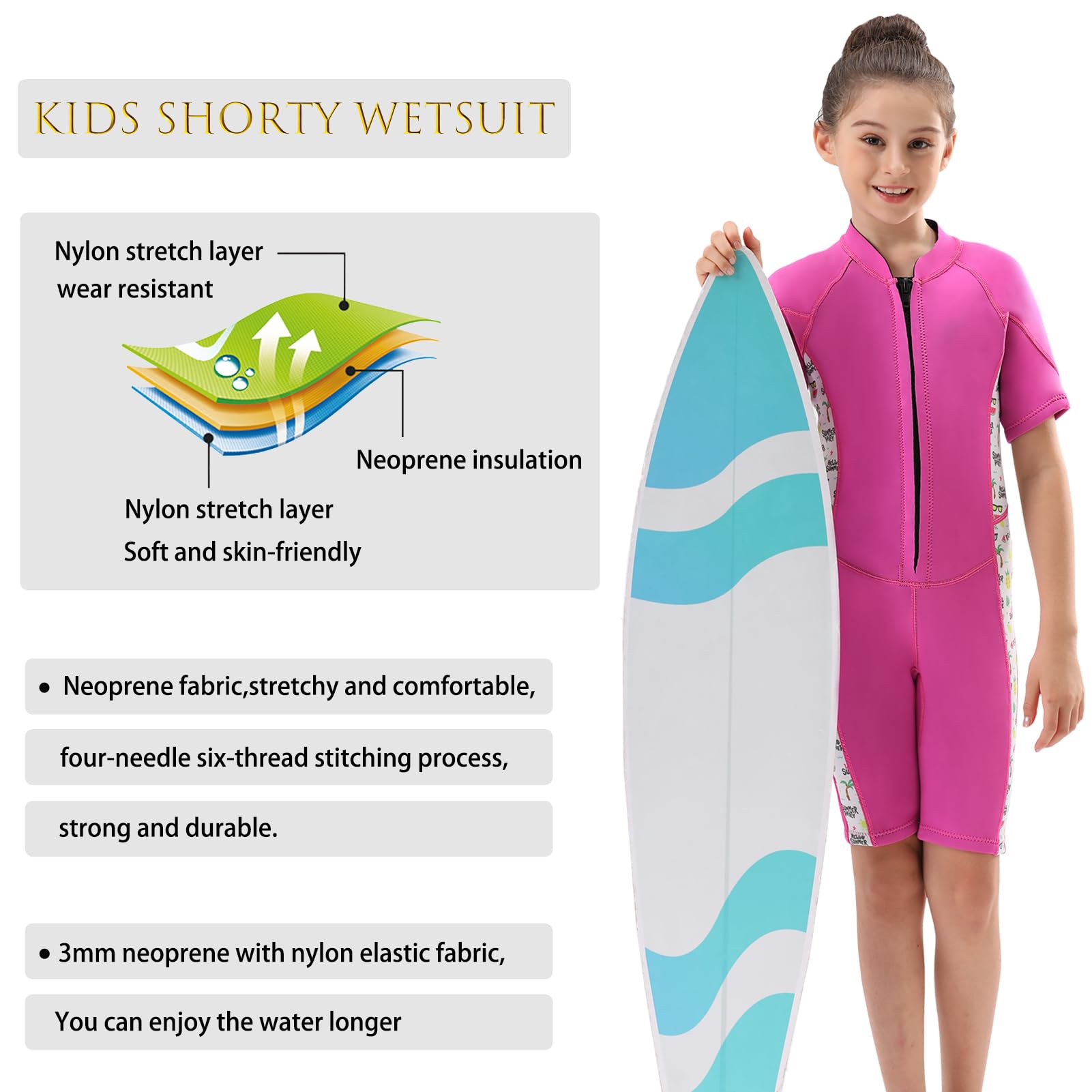 DEHAI Traje de neopreno para niños y niñas, 3 mm, traje de neopreno completo, cremallera frontal, traje térmico corto para agua fría, para natación, buceo, surf