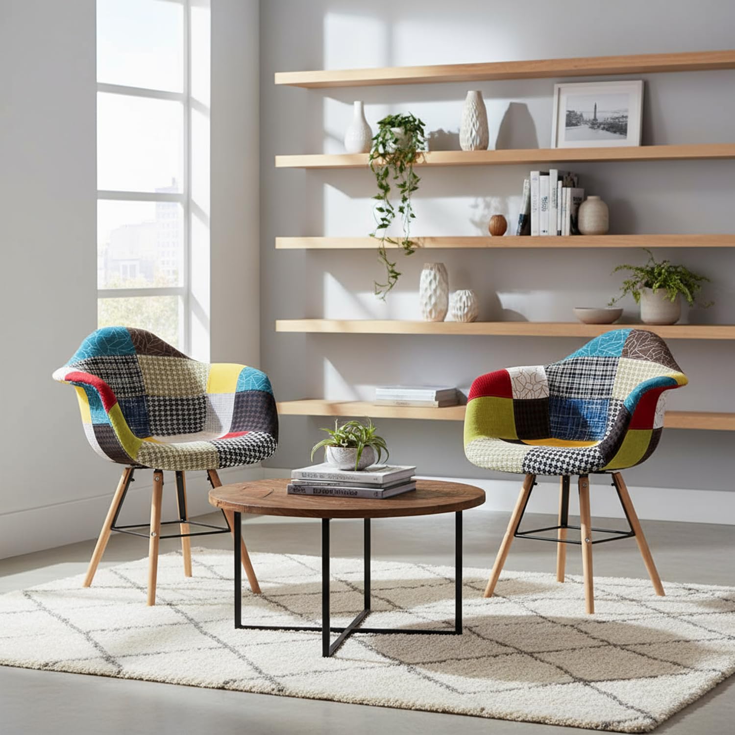 Marvin Poltrona Patchwork Relax Sedia Colorata Design In Tessuto Con Struttura Legno Di Faggio Schienale Braccioli Imbottita Per Soggiorno Studio Casa Salotto Camera