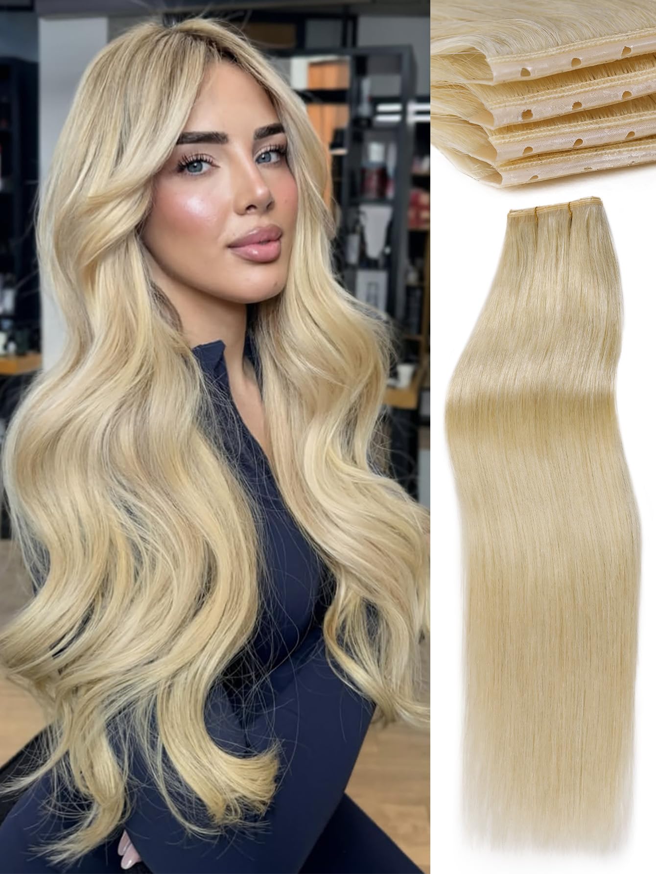 WIGNEE Double Butterfly Glueless Weft Hair Extensions Human Hair 2 PCS Real Human Hair Beaded Weft Hair Extensions Human Hair Blonde Color for women(
