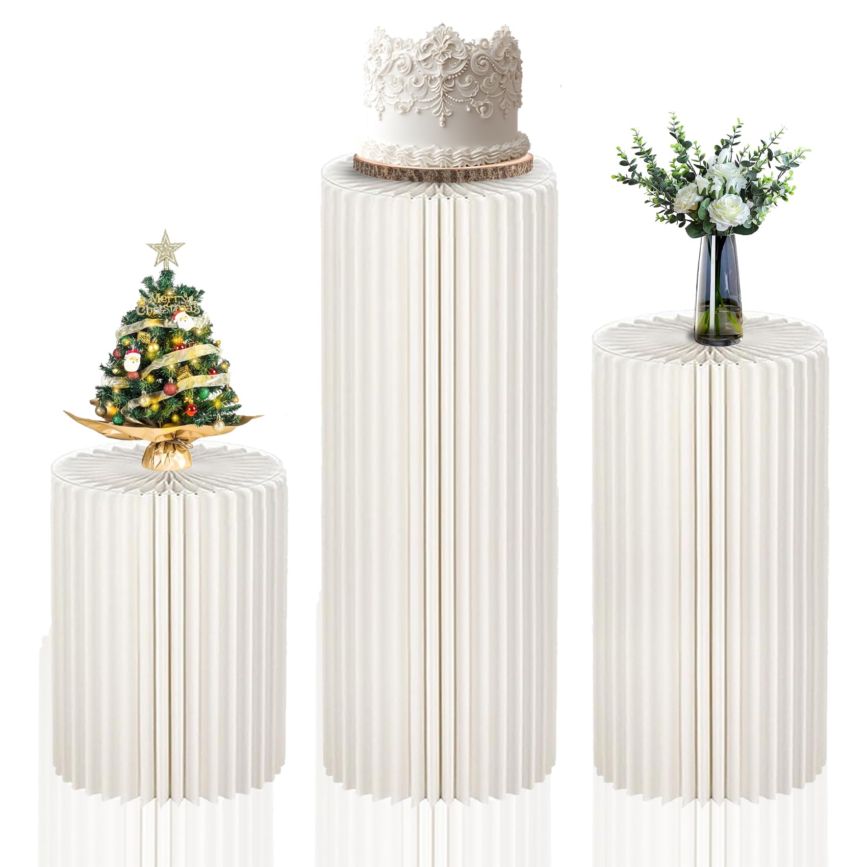 LEPump Cylinder Stands for Party, 3Pcs 15.7"+23.6"+31.5" Round Pedestal Stand, Foldable Cardboard Columns Cylinder Tables, Pedestal Display Plinth Pillars for Wedding Birthday Party