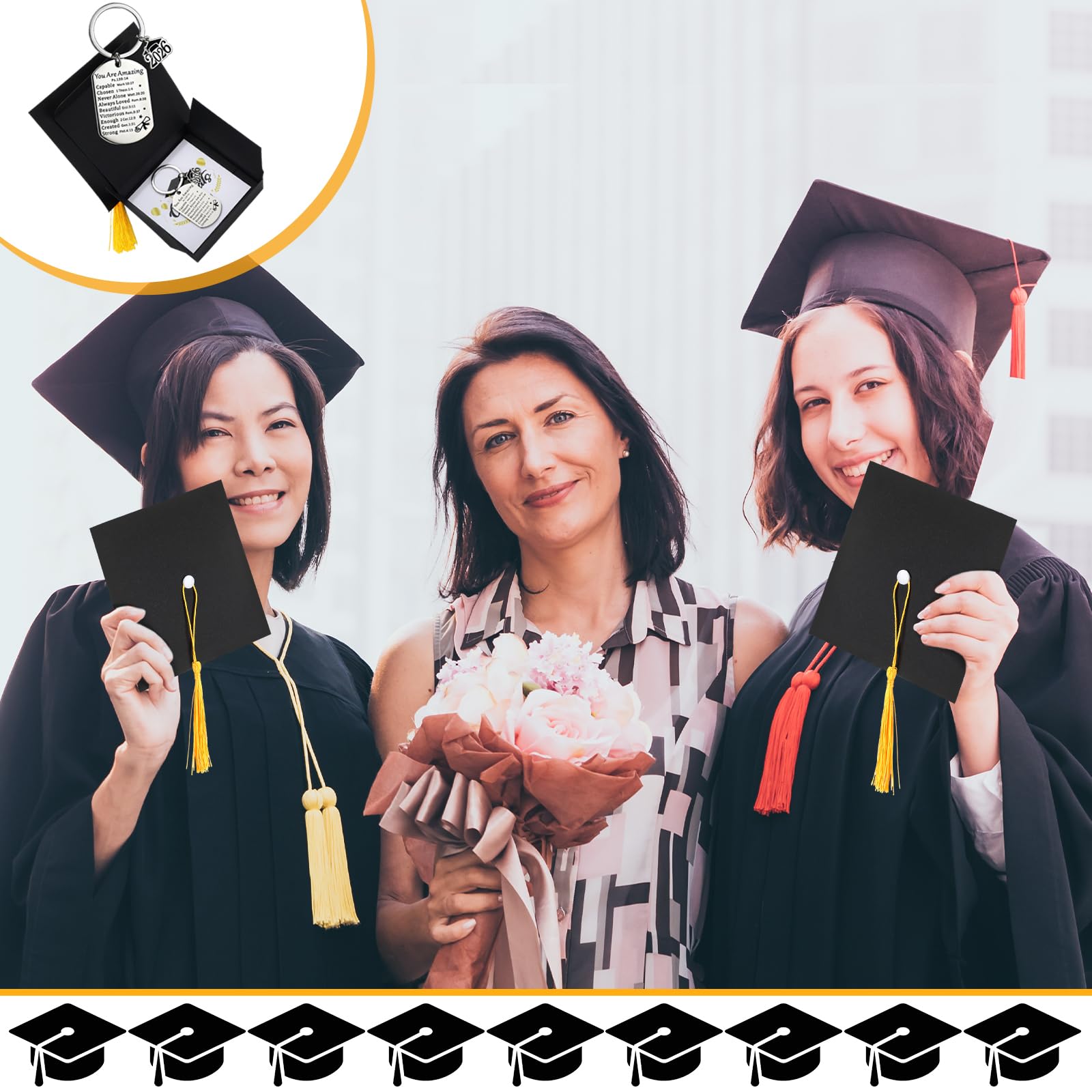 Quelay 12 Sets Graduation Keychain Gift Graduation Christian Keyring with Doctoral Hat Gift Box for Class of 2026 Grad