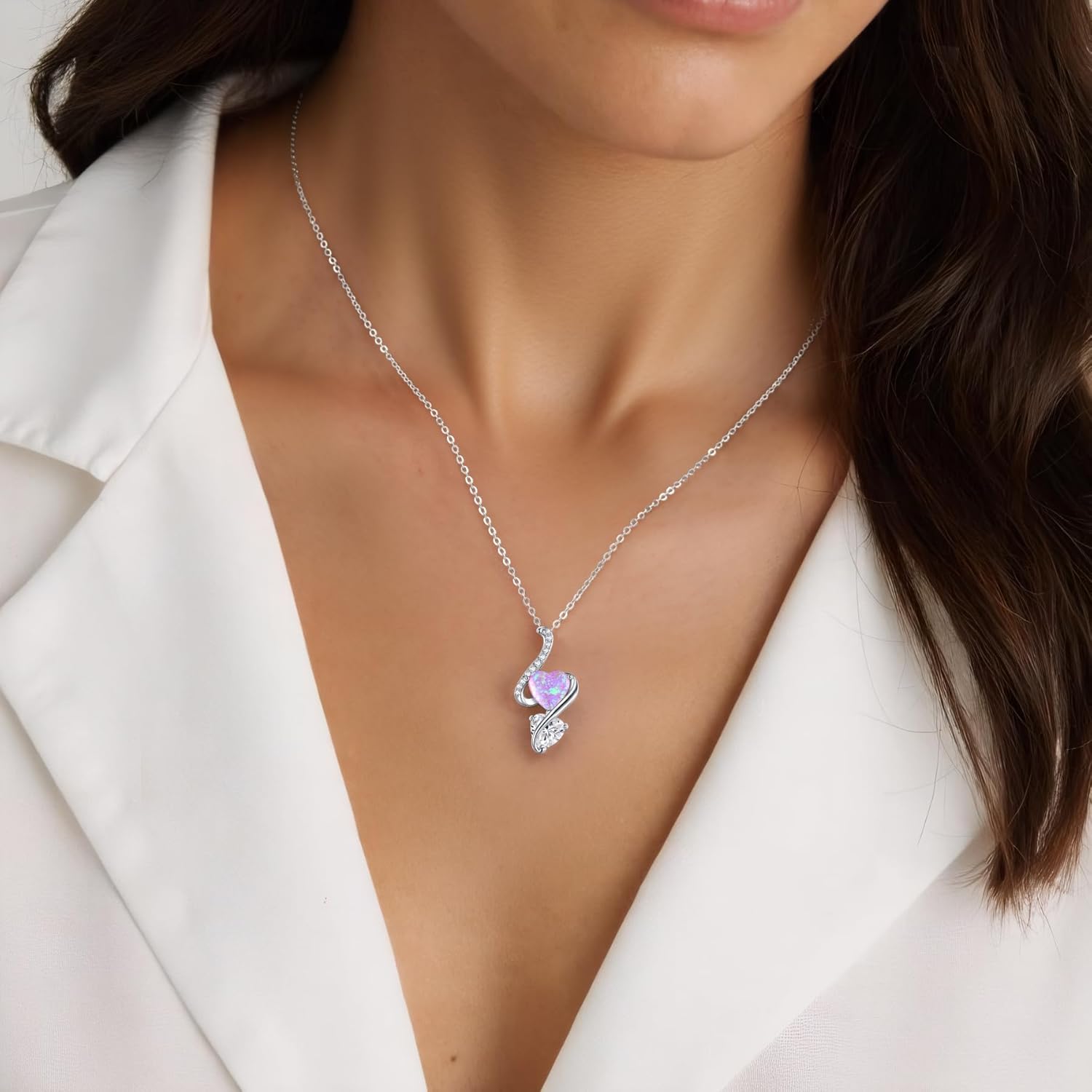 LOUISA SECRET 925 Sterling Silver Opal Birthstone Necklace, Unique Tiny Double Heart Pendant Jewelry, Engraved with "S925 I Love You" Best Birthday Gift for Women Wife Girlfriend Mom Her, Christmas Day Valentine's Day Anniversary Mother's Day - Image 2