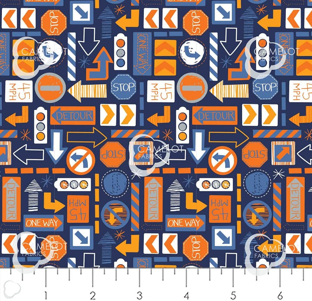 Quilting Cotton for Sewing x 2 Yards – On The Move - Traffic Signs - Color Navy - 100% Cotton - Soft, Decorative Material - Pre-Cut 44-45 Inches Wide by Camelot Fabrics
