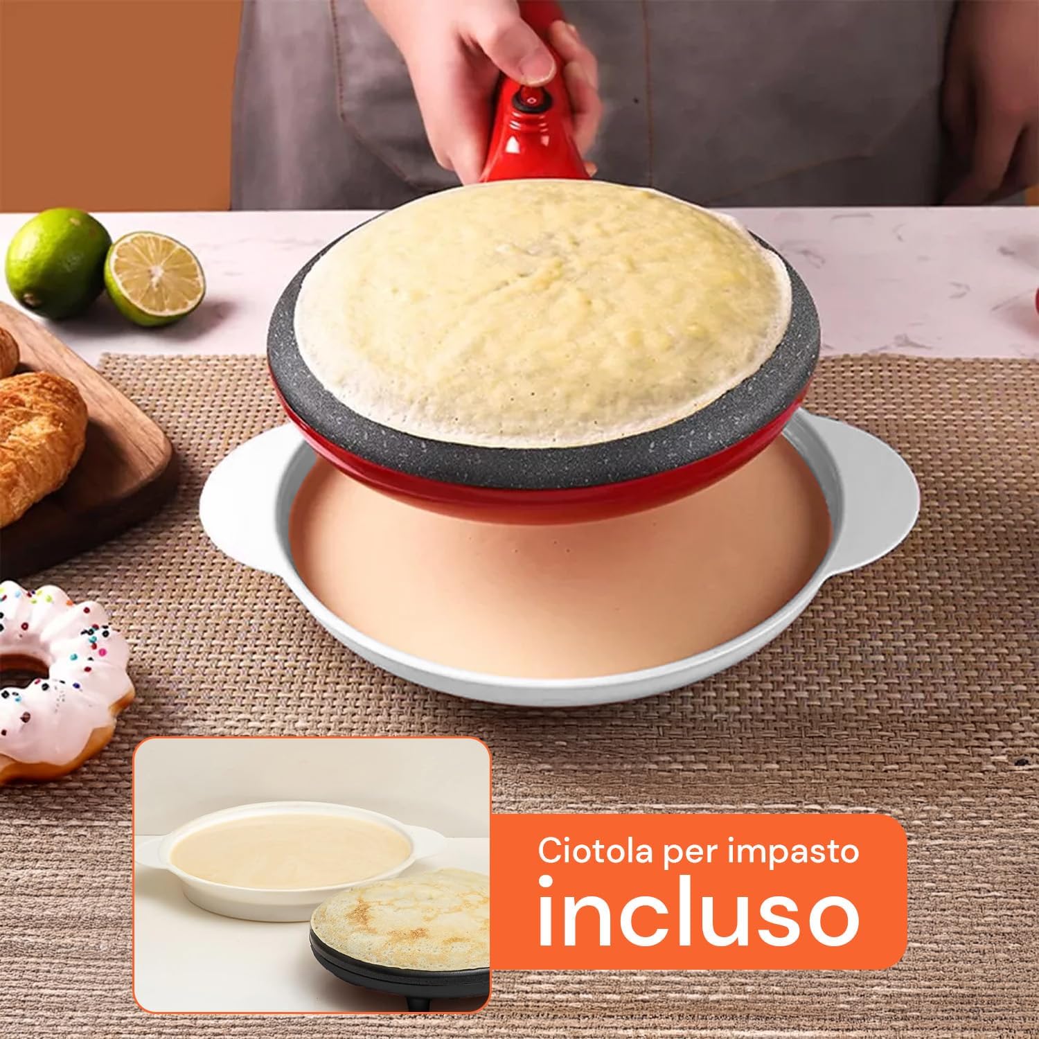 Padella per Crepes Avilia Yummi 600W 20cm Antiaderente con Ciotola e Frusta