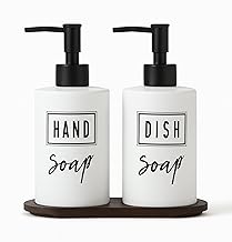 Hand & Dish Soap Dispenser Set for Kitchen Sink | Refillable Pump Bottles with Wooden Tray | Matte White Liquid Soap Dispenser for Handwash & Dishwash | Modern Countertop Organizer for Home & Bathroom