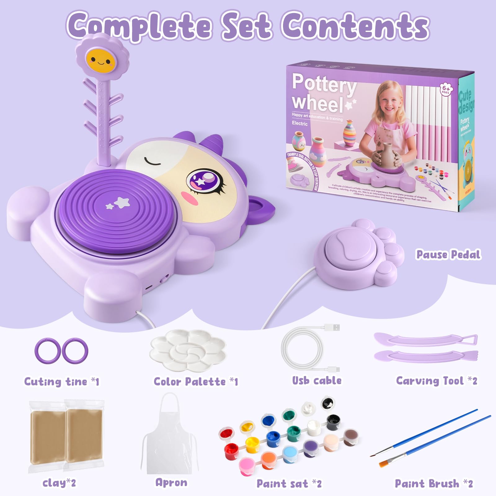 Torno de Alfarería para Niños-Kit Completo de Pintura y Manualidades con 2 Paquetes de Arcilla Autofraguante-Juguete Educativo de Arte para Niñas y Niños de 6 a 14 Años-Regalo Cumpleaños y Navidad