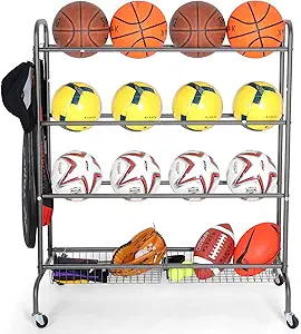 EXTCCT Basketball Rack, Rolling Basketball Shooting Training Stand,Sports Equipment Storage with Wheels, Four-Layer Organizer Holder with Two Basket for Basketballs Footballs Volleyball