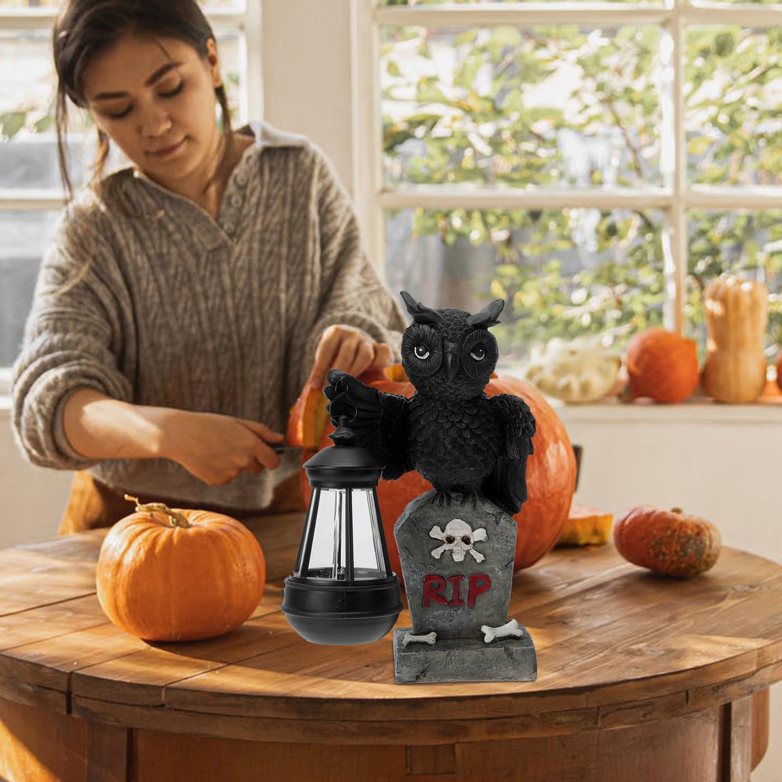 Garneck Búho Solar de Halloween en Resina para Fiestas Decorativas
