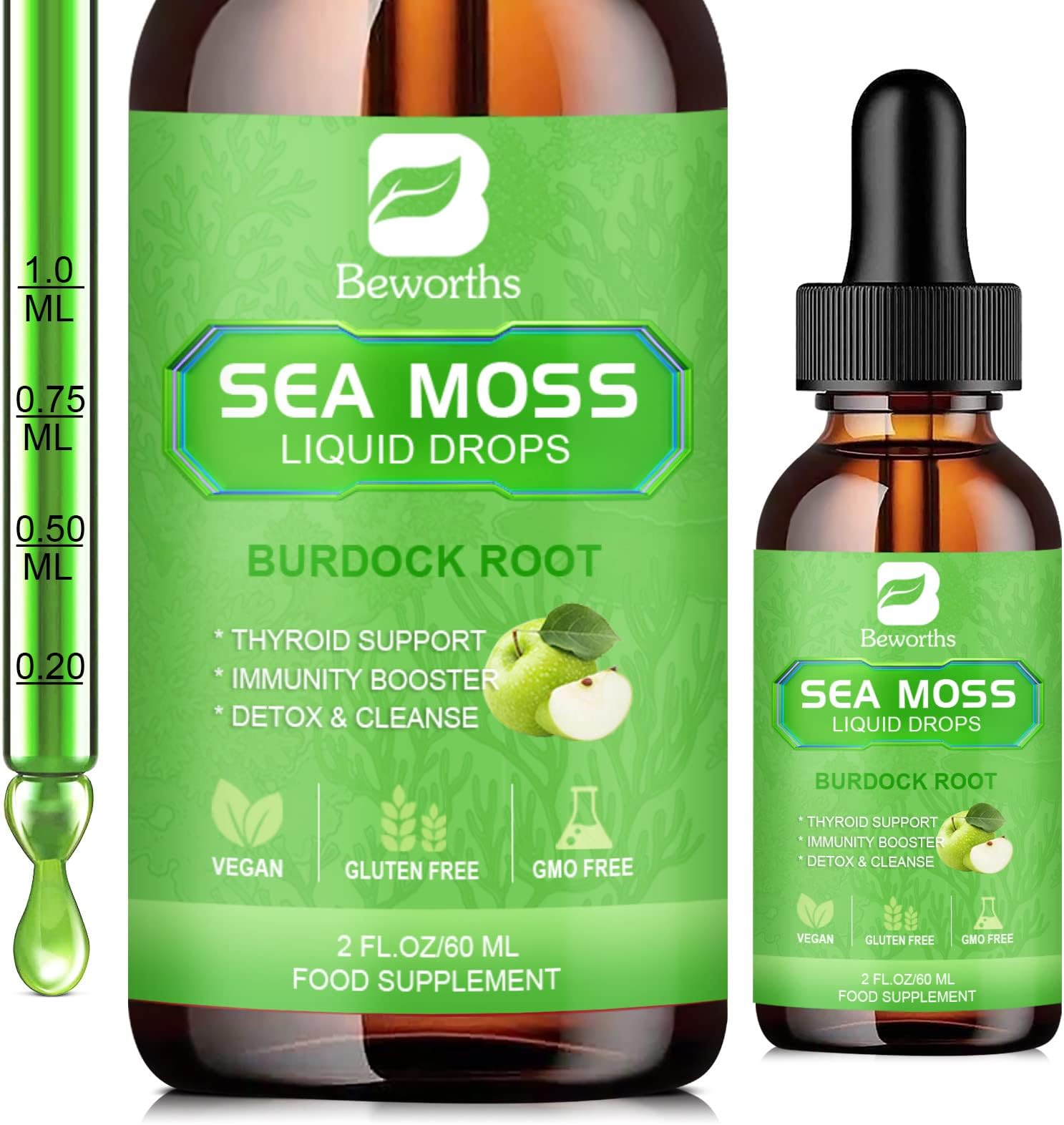 B BEWORTHS Sea Moss Liquid Drops - Organic Irish Sea Moss Gel with Burdock Root, ACV, Vitamin C, B12, Seamoss Gel Supplement for Boost Defense System, Detox Cleanse & Digestive Support - 2 Fl Oz