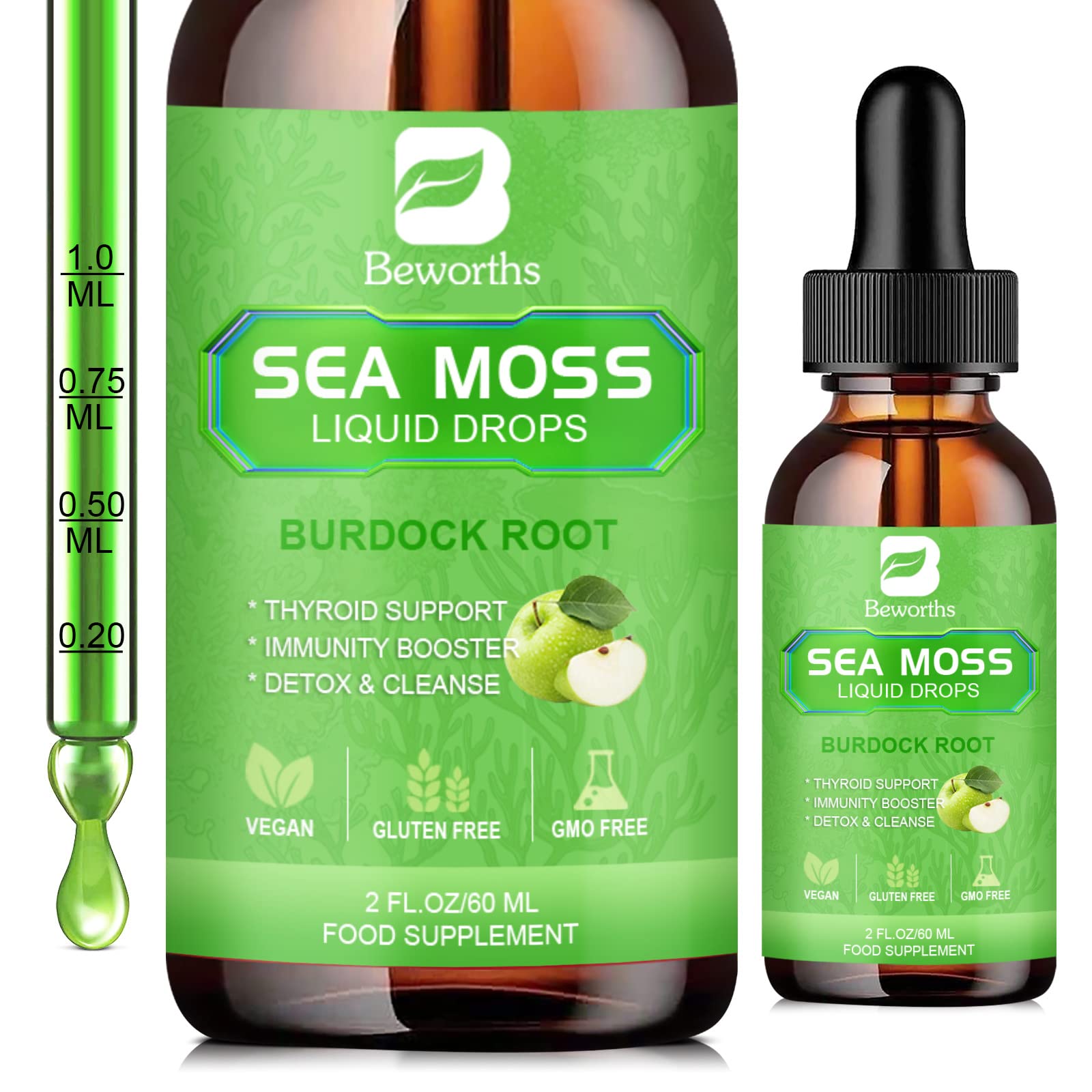 Sea Moss Liquid Drops - Organic Irish Sea Moss Gel with Burdock Root, ACV, Vitamin C, B12, Seamoss Gel Supplement for Boost Defense System, Detox Cleanse & Digestive Support - 2 Fl Oz