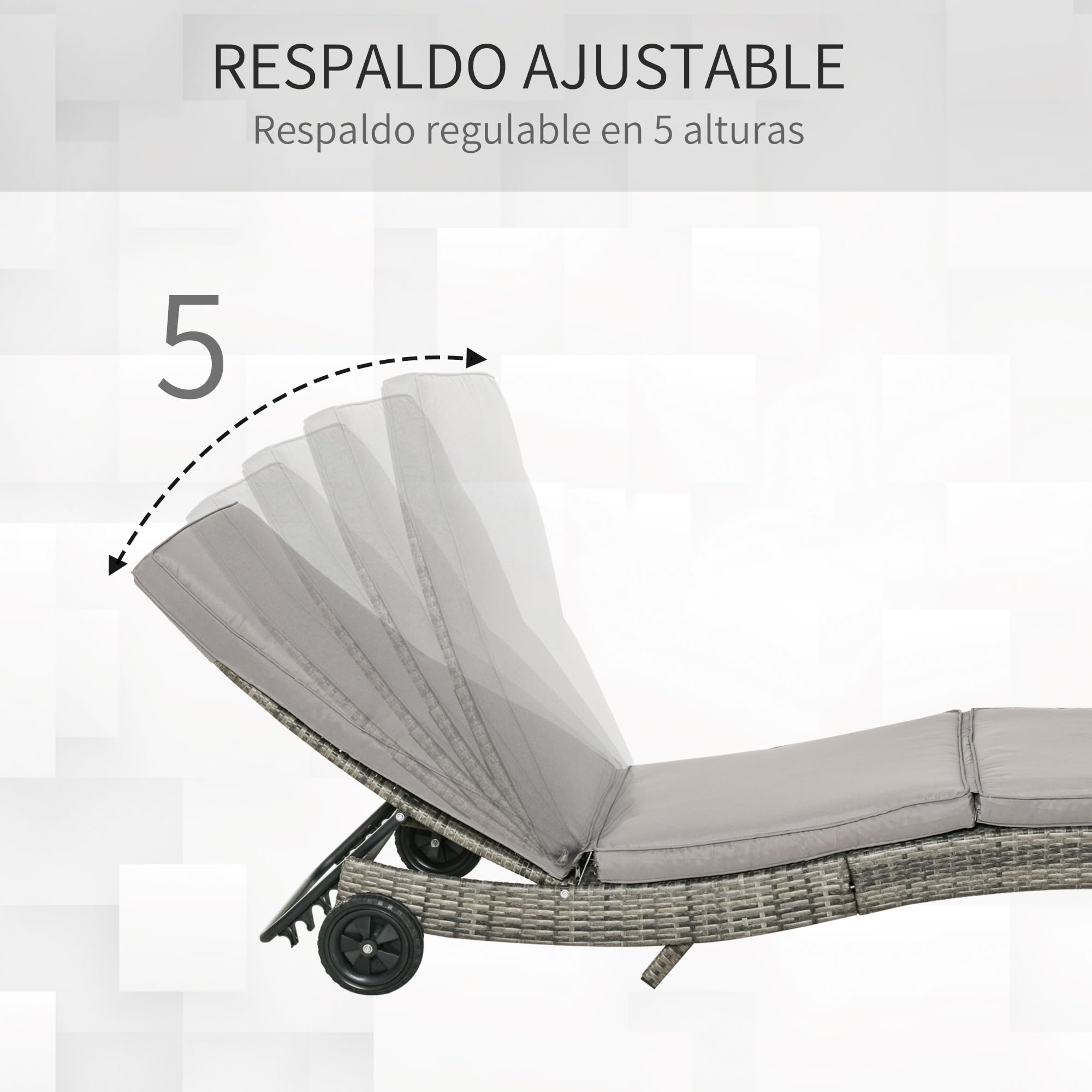 Outsunny Tumbona de Ratán Reclinable Tumbona de Jardín en Forma de S con 2 Ruedas Respaldo Ajustable en 5 Posiciones y Cojín Extraíble para Patio Terraza 207x70x70 cm Gris Claro
