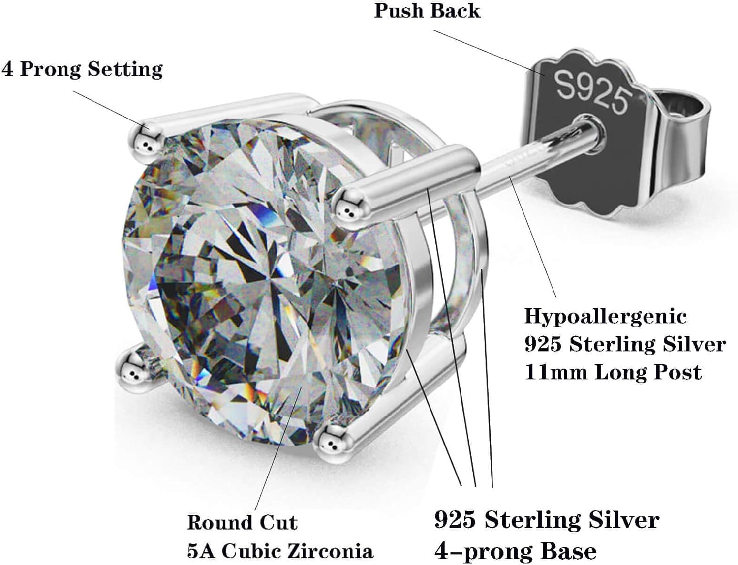 925 Sterling Silver Cubic Zirconia Studs Earrings for Women Men - Hypoallergenic 14K White Gold Plated 5/6/7/8mm Clear Round Cut CZ Studs Earrings - Image 2