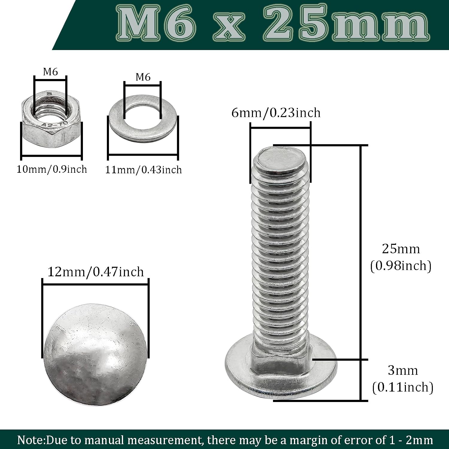 M6 x 25mm Carriage Bolts Kit,304 Stainless Steel Round Head Square Neck Carriage Bolts with Hex Nuts and Flat Washers,Full Thread,Silver(10Sets)