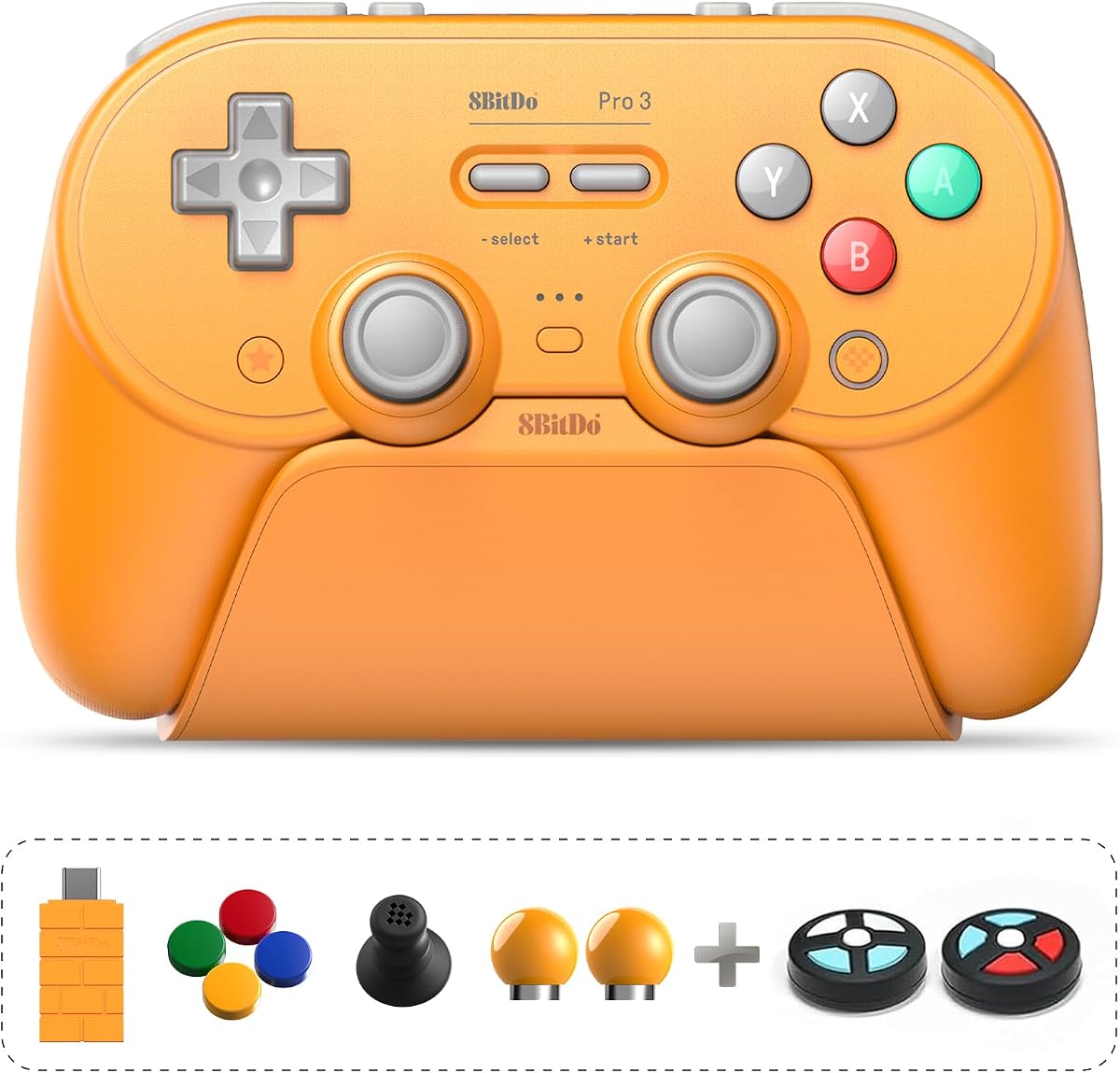 Controlador Bluetooth 8Bitdo Pro 3 (Amarillo) - Joysticks TMR | Para Switch/Switch 2, Windows/Apple/Android, botones ABXY intercambiables, botones Pro Back, activadores de efecto Hall, base de carga