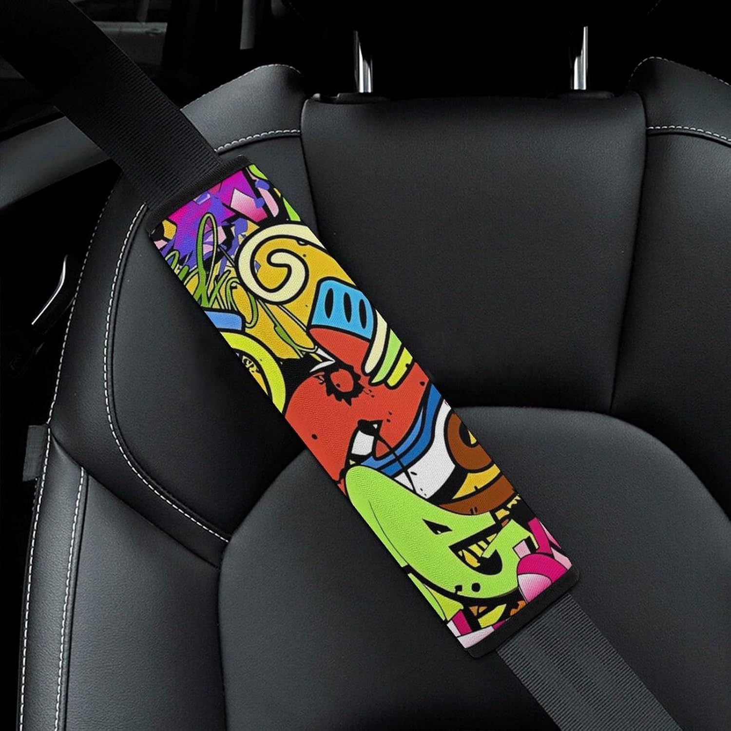 2 PCS Super Soft Car Seat Belt Pad, Cute Graffiti Drawing Printed Waterproof Sweat-Absorbing Seat Belt Covers Backpack Shoulder Pad for All Car Seats Baby Strollers