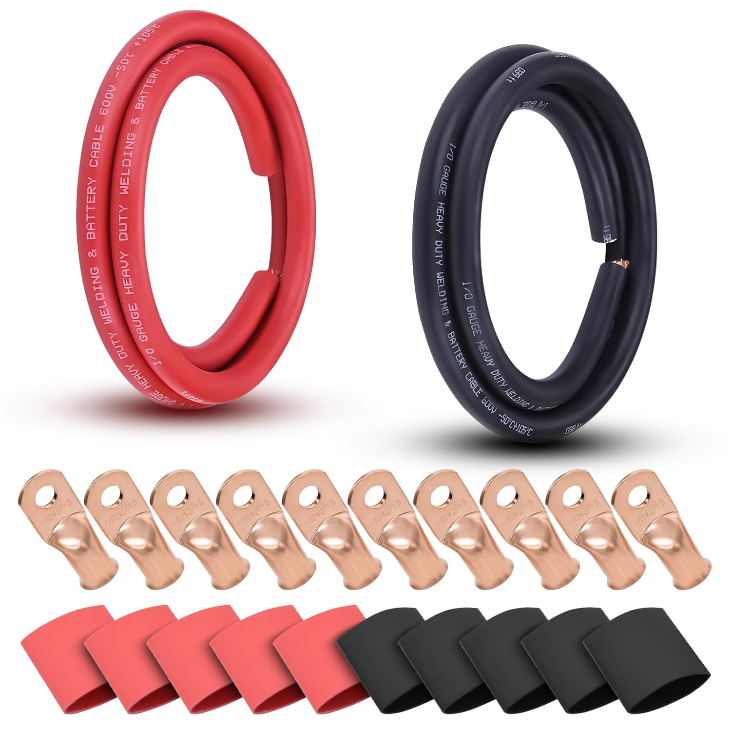 1/0 AWG Welding Cable Kit with Ring Terminals & Heat Shrink Tubing - 10ft Total (5ft Red +5ft Black) OFC Copper +10x 5/16" Terminals +5 Red/5 Black Tubing - American Standard