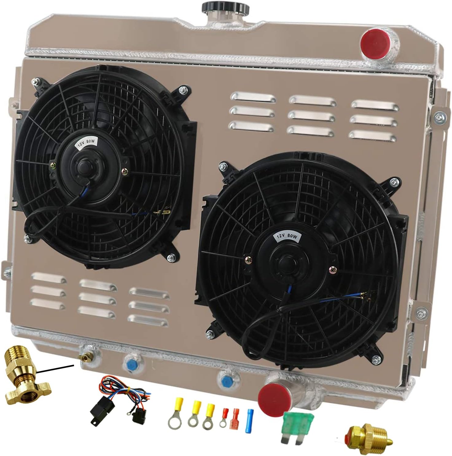 Aluminum Radiator for 1967 1968 1969 1970 Ford Mercury Mustang Cougar Fairlane Ranchero V8 L6 3.3L 4.1L 7.0L Base 500 3 Row Radiators Shroud Fan Thermostat Relay Kit