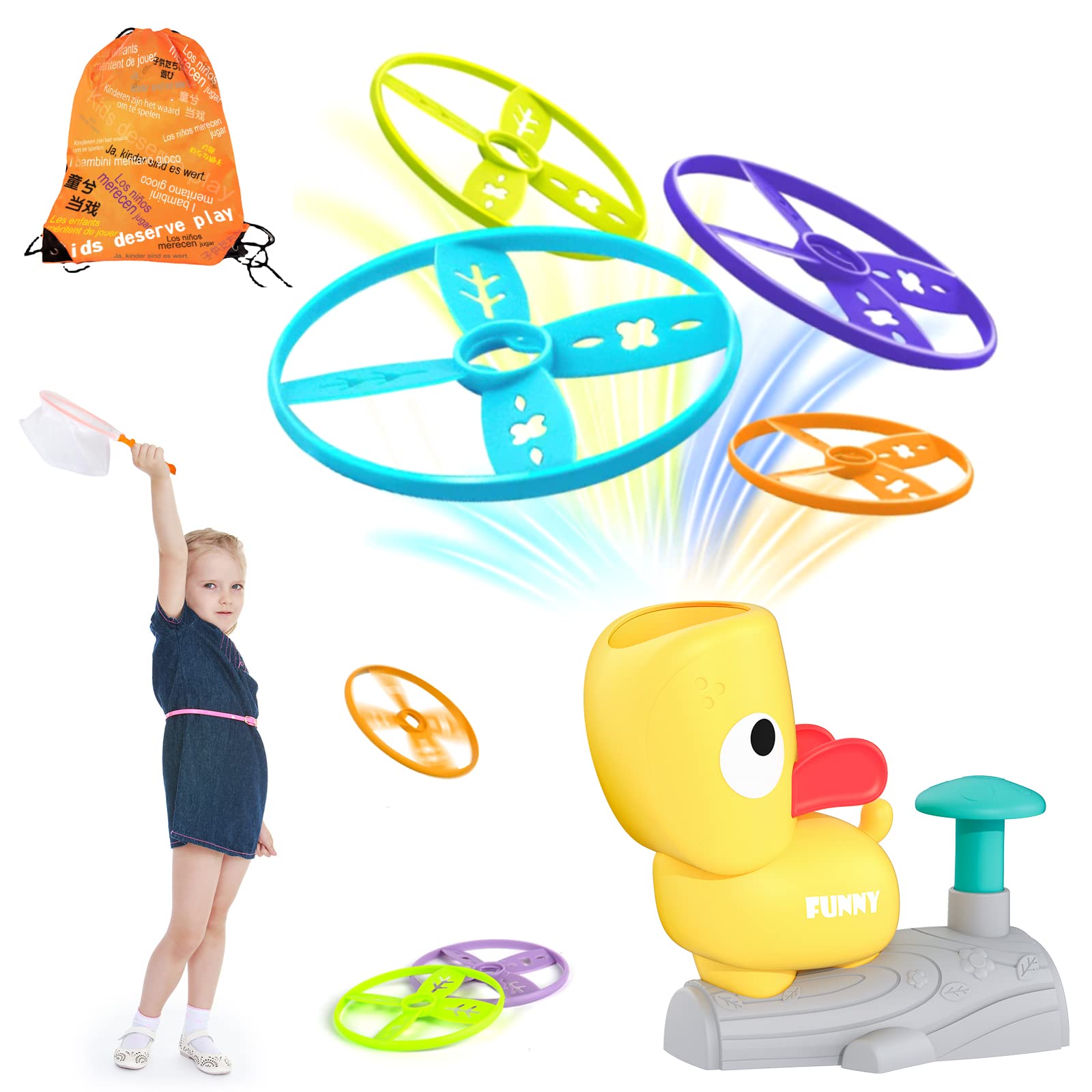 Photo 1 of ULUCTROM Flying Disc Launcher Toy for Kids, Outdoor Toys for Kids Ages 4-8 with 16pcs Flying Saucers & Storage Bag, Kids Outside Toys for Boys Girls Birthday Yellow