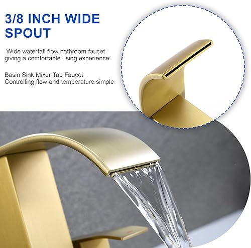 Miniatura 7 de J-HVA Grifo de baño de cascada de oro cepillado con drenaje emergente, 2 manijas de 4 pulgadas, grifo central para lavabo de baño