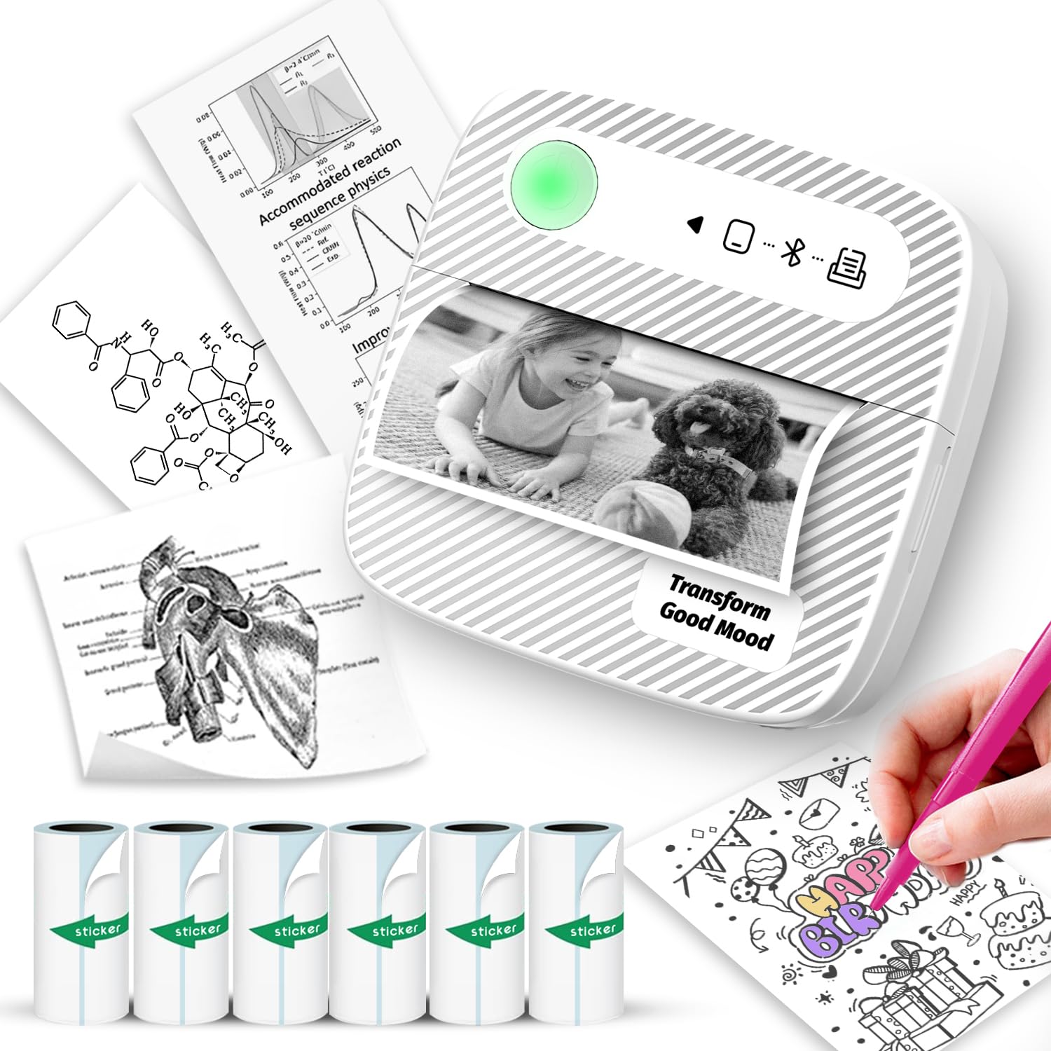 Mini Thermal Sticker Printer With 6 Paper Rolls - Bluetooth Portable Printer For Notes & Labels