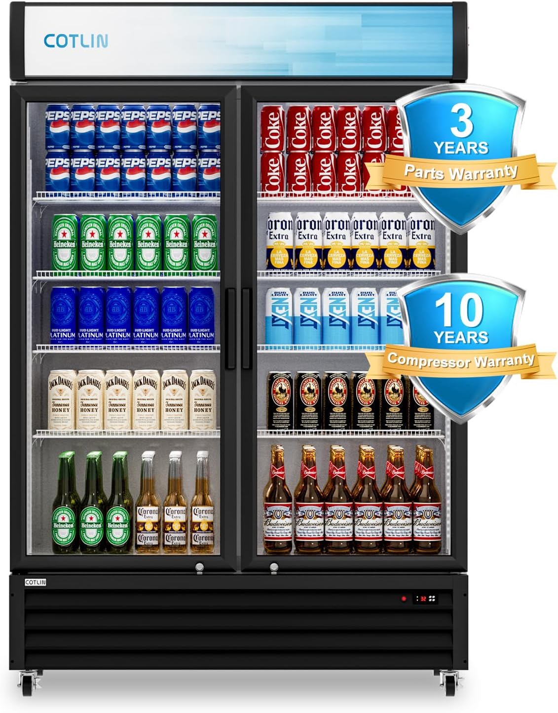 COTLIN 53" W Commercial Display Refrigerator Merchandiser 2 Glass Door, 49 Cu.Ft Upright Drink Fridge Beverage Cooler with LED Lighting, 10 Shelves & 4 Bottle Holders, ETL NSF Approved