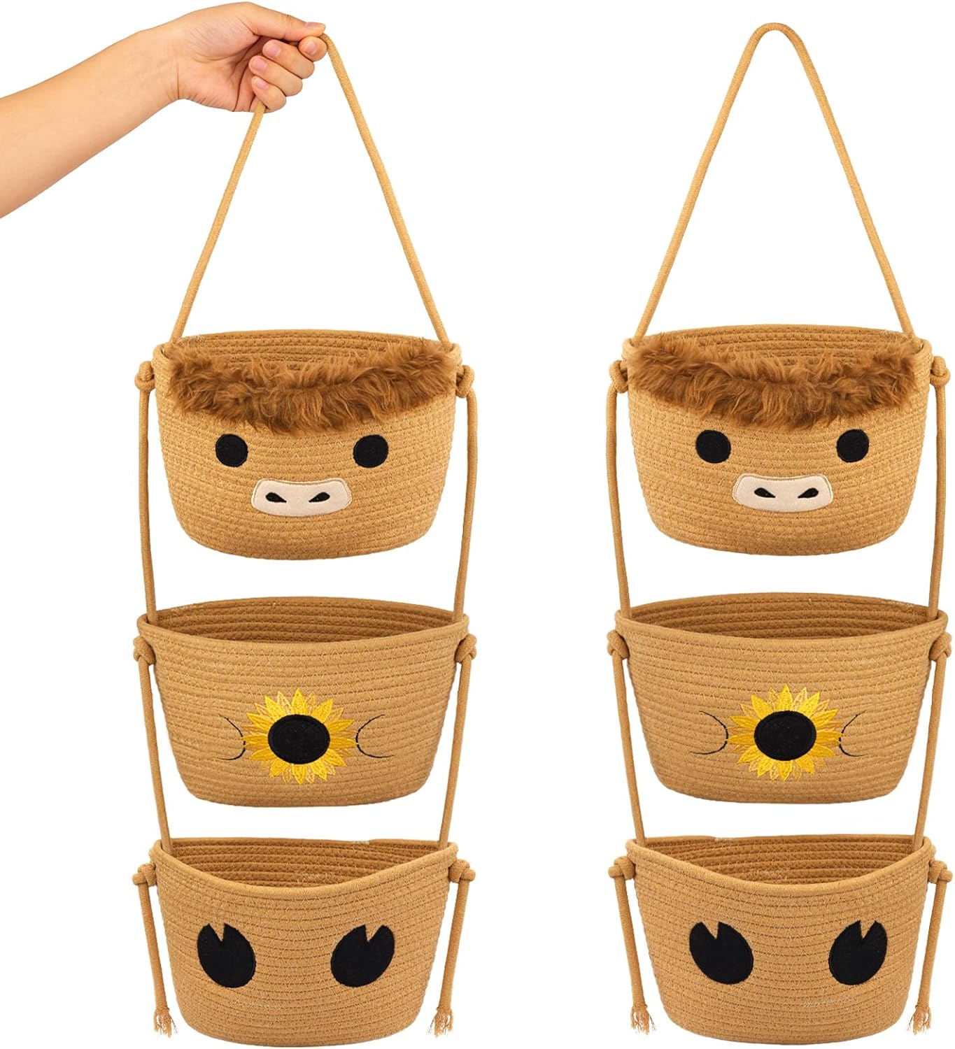 3 Tier Hanging Highland Cow Fruit Basket-Woven Cotton Wall Basket, Hanging Oval Produce Over Door Decorative Vegetable Gift Storage 0rganizer Bin for Kitchen, Bedroom, Bathroom, Nursery