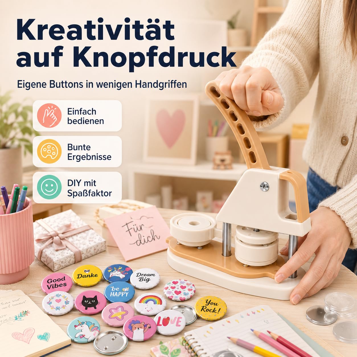 ButtonManufaktur Buttonmaschine 58 mm Set inkl. Material für 100 Buttons & Kreisschneider – Button Maker, Badge Maker und Buttonpresse für Anstecker, Pins, Vereine, Events & Workshops