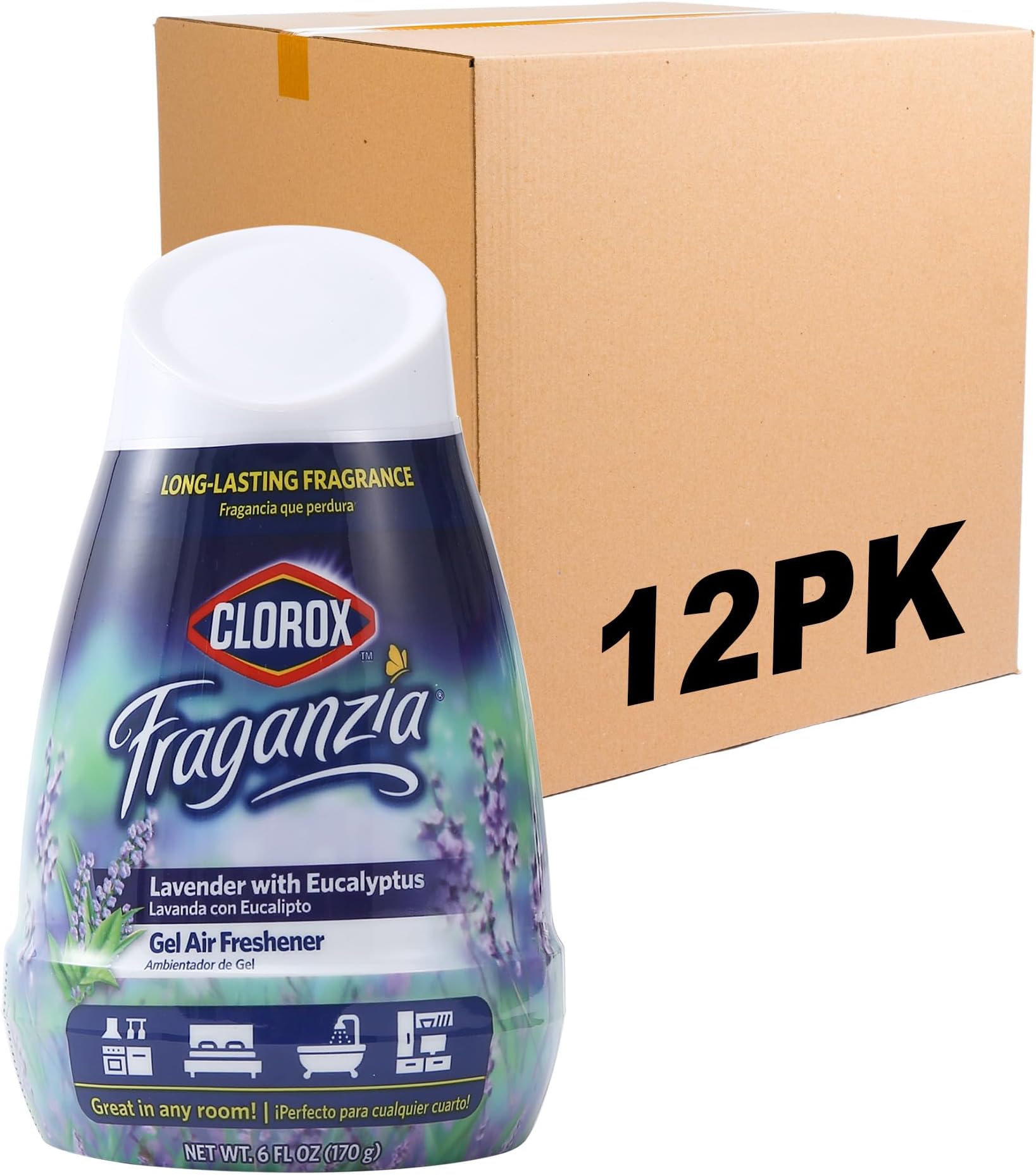Clorox Fraganzia Gel Air Freshener Cone, Adjustable Odor Eliminating Gel with Lavender and Eucalyptus Scent for Home, Bathroom, Office, Small Spaces, Long Lasting No Battery Freshener, 6 Oz - 12 Pack