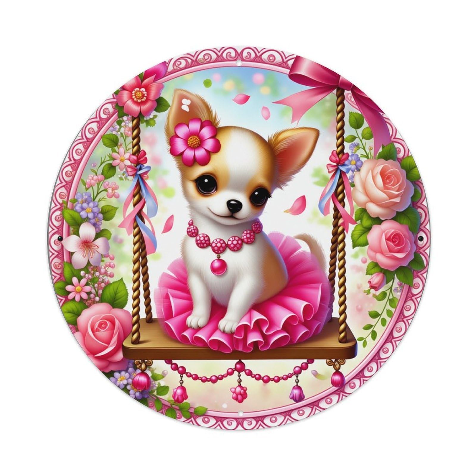 Chihuahua On Swing With Flowers Round Tin Sign Vintage Metal Poster, Home Bar Garage Man Cave Cafe Indoor & Outdoor Wall Decoration 8x8Inches