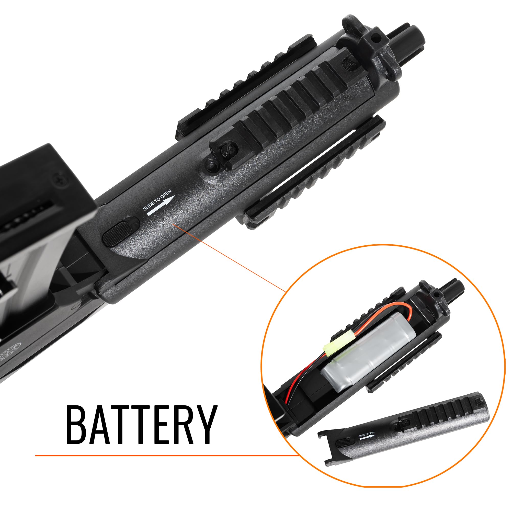 Fucile softair elettrico D68 nero, ABS, caricatore 330 colpi, calcio pieghevole 510-720mm, 4 slitte 20mm, Ni-MH 8.4V + caricabatterie inclusi, selettore ambi, 1120g