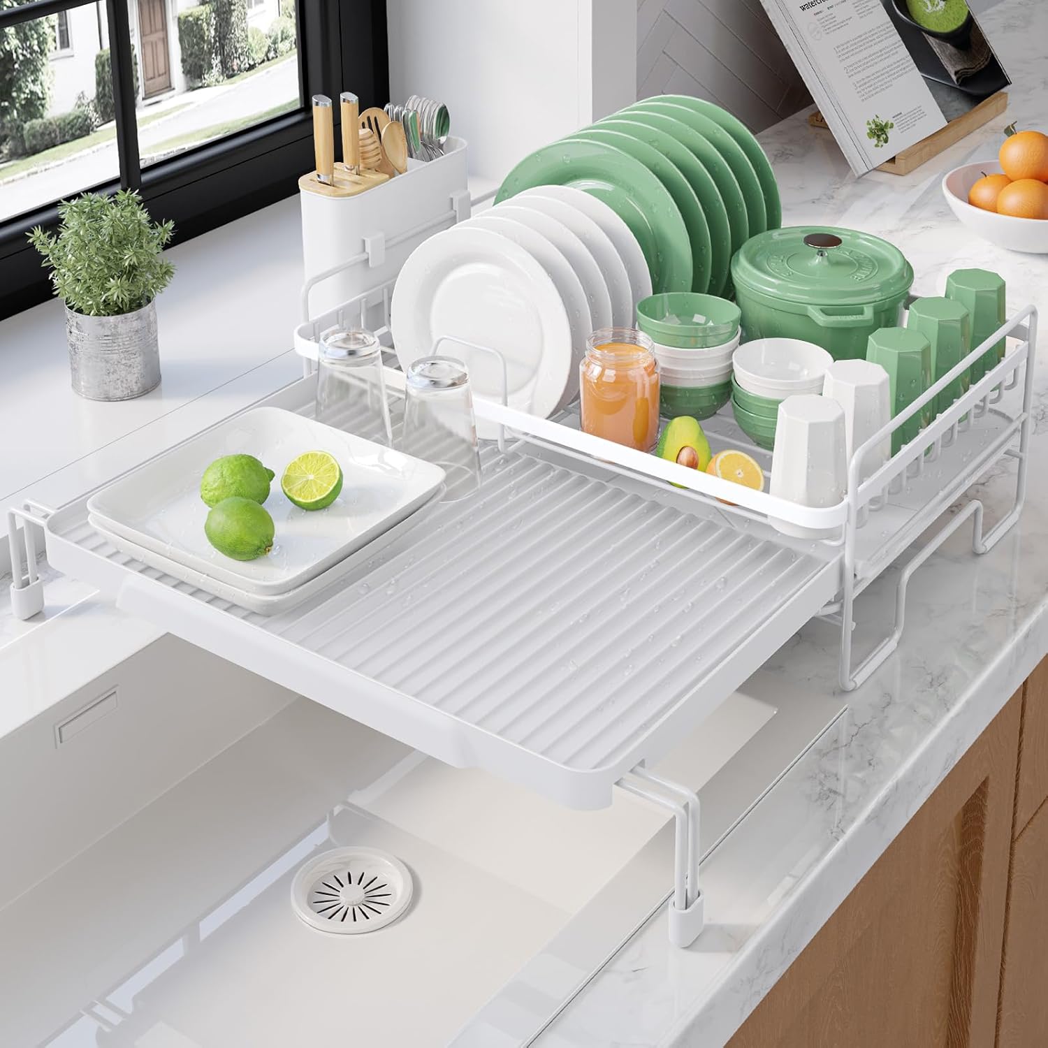 Kitsure Extendable Dish Drying Rack - Adjustable Length 12.8"–21.0", Auto-Draining Dish Rack for Kitchen Counter, Rust-Resistant Metal Frame Over-Sink Support for Plates, Bowls & Utensils, White