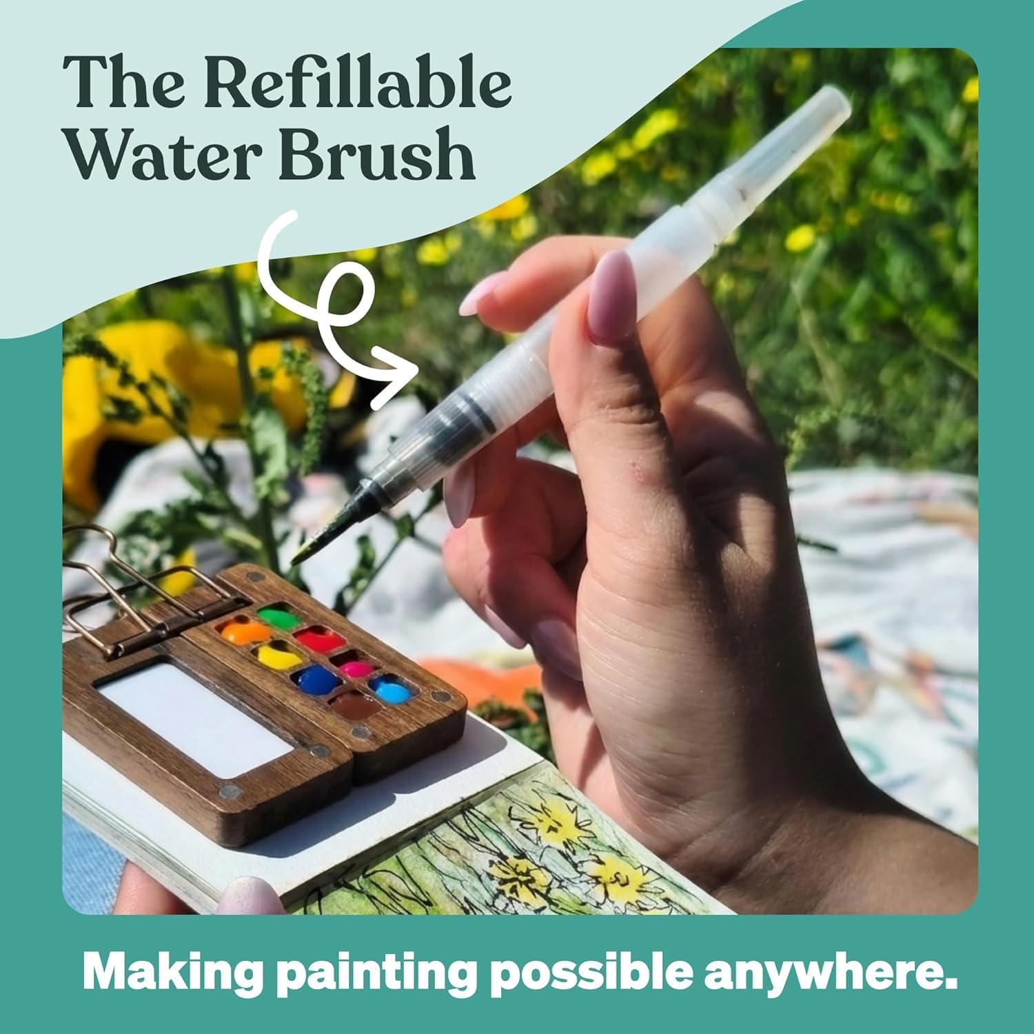 Mini Wooden Watercolor Paint Set - Pocket Travel Art Kit with 12 Colors, Portable Palette with Brushes, Clip, Sketchbook, Wristband, Cup, Storage Bag & Bookmarks, Gift for Art Lovers Artists - Image 3