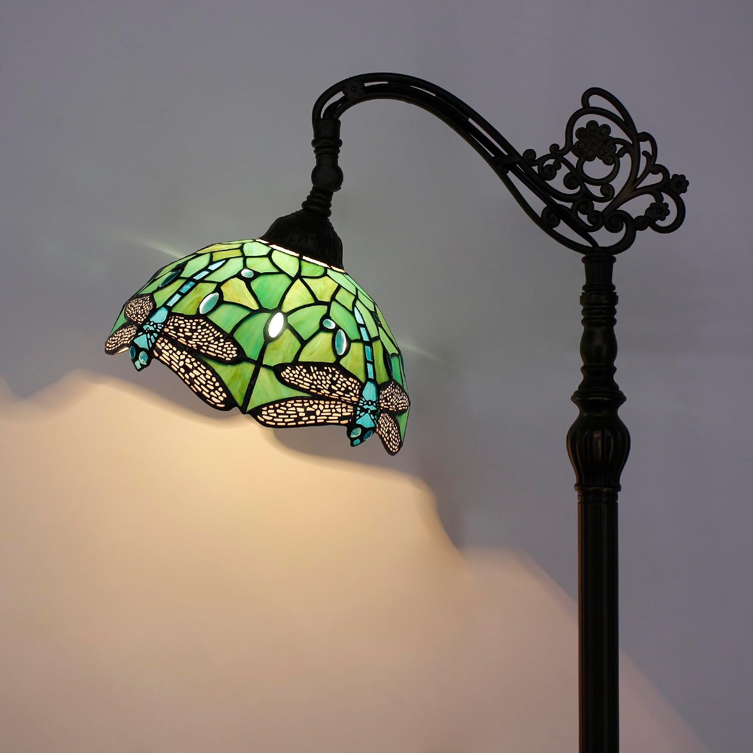 Tiffany Floor Lamp Stained Glass Arched Lamp 10X16X67 Inches Gooseneck Adjustable Corner Standing Reading Light Decor Bedroom Living Room (Green Dragonfly Style)