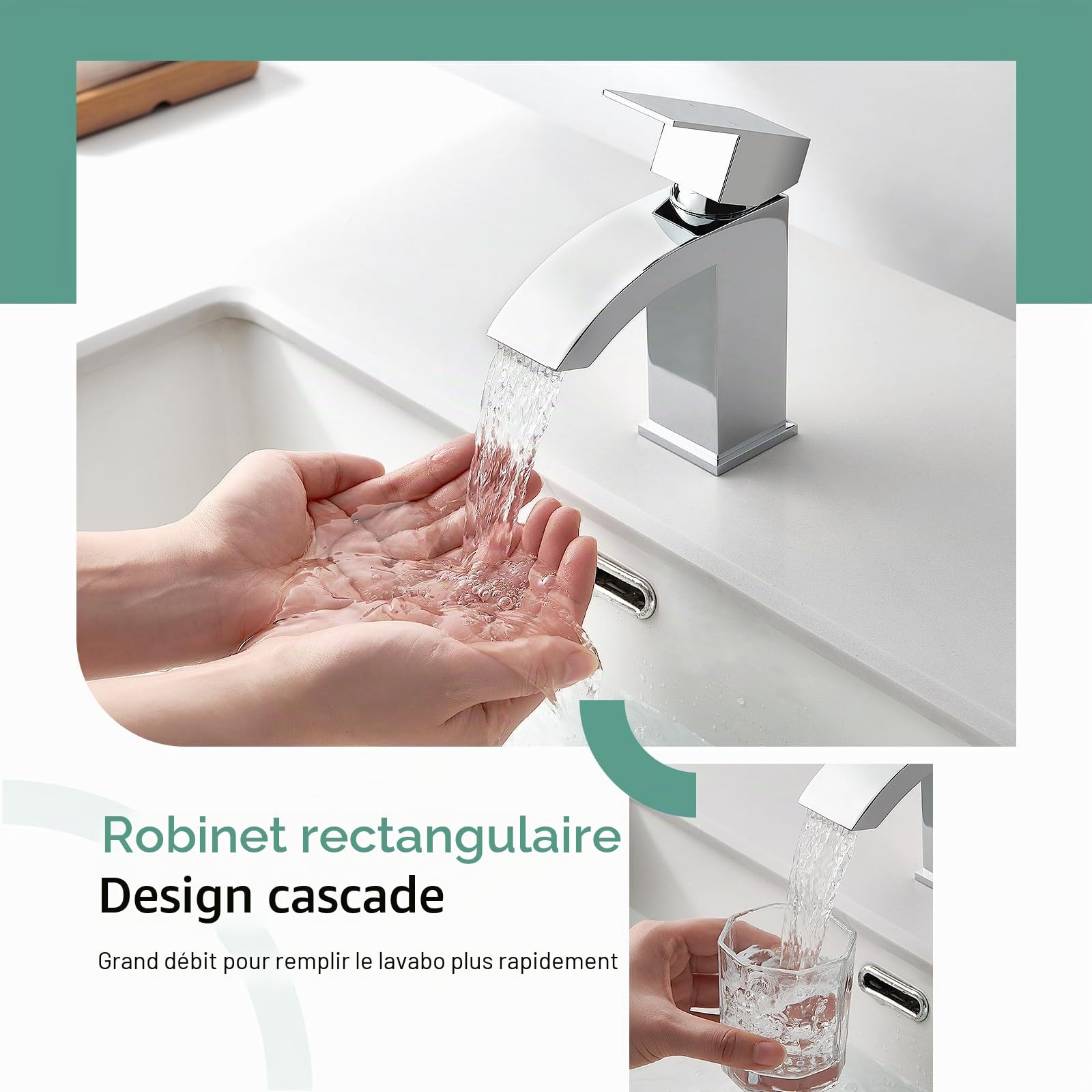 CREA Robinet Lavabo Cascade,Mitigeur Salle de Bain avec Bonde de Lavabo Pop-up, Moderne Mitigeur Lavabo Cascade, Robinet Salle de Bain avec Bec Grand,Chrom