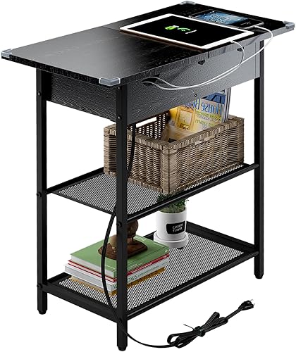 Miniatura 9 de SAUCE ZHAN Mesa auxiliar de sofá con puertos USB y tomas, mesa auxiliar estrecha con estante de almacenamiento para espacios pequeños, mesita de