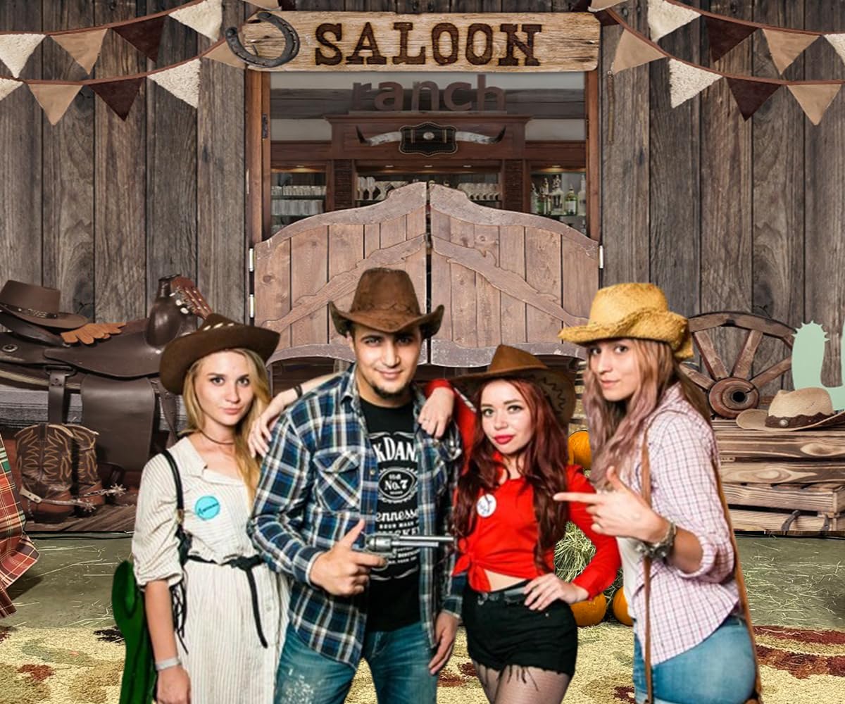 Western Saloon Fondale 3 x 2,4 m Western Wood Barn Door Sfondo per fotografia Western Wild West Cowboy Rodeo Decorazioni per feste a tema Studio Photo Booth Puntelli