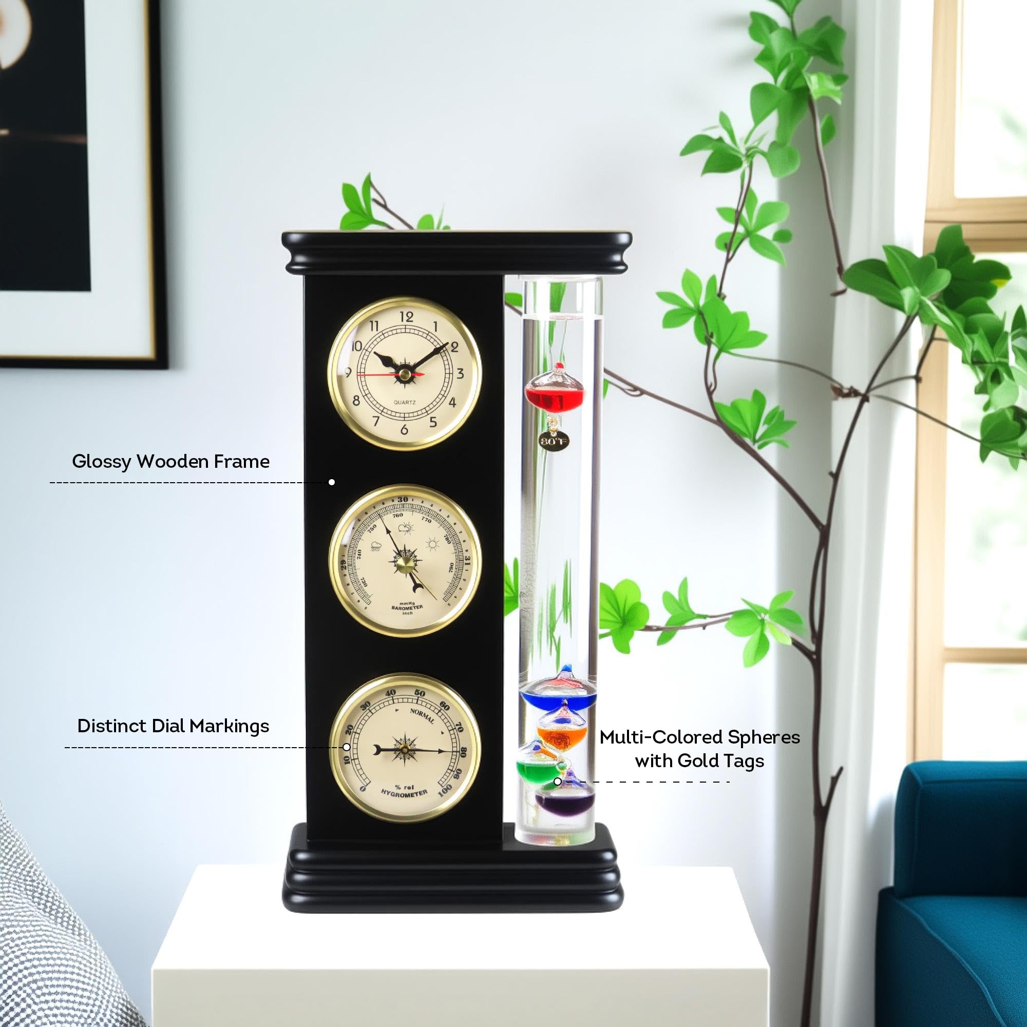 Lily's Home Analoge Wetterstation mit Galileo-Thermometer, Präzisions-Quarzuhr und analogem Barometer und Hygrometer, 5 mehrfarbige Kugeln (L x B x H): 15,2 x 5,1 x 30,5 cm, Mattschwarz