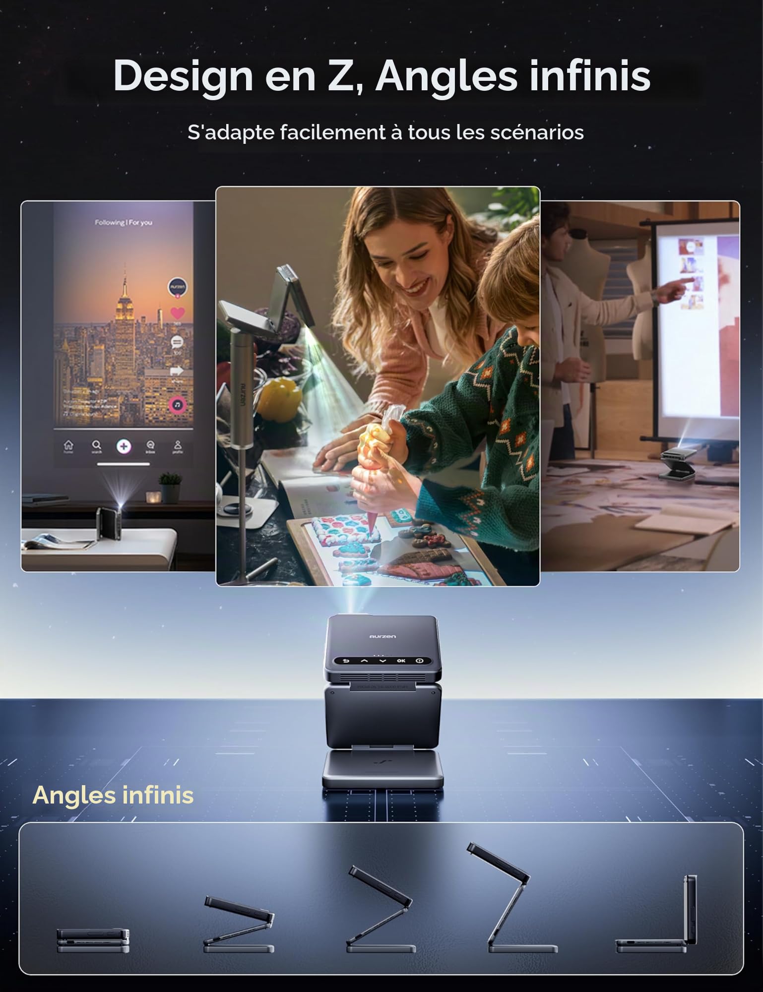 Aurzen Zip Tri-Fold Mini Vidéoprojecteur Portable avec Batterie, Gris