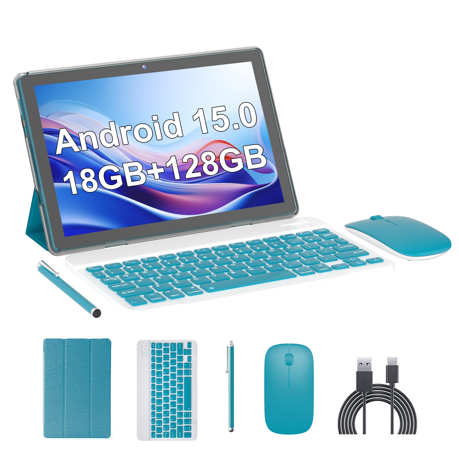 Tableta Android 15, tabletas de 10 pulgadas, 18 GB de RAM + 128 GB de ROM / 2 TB ampliables, tabletas 2 en 1 con funda con teclado, pantalla IPS de 1280x800, Wi-Fi6 5G, cámara dual, batería de 6000 mAh BT5 Widevine L1 (verde)