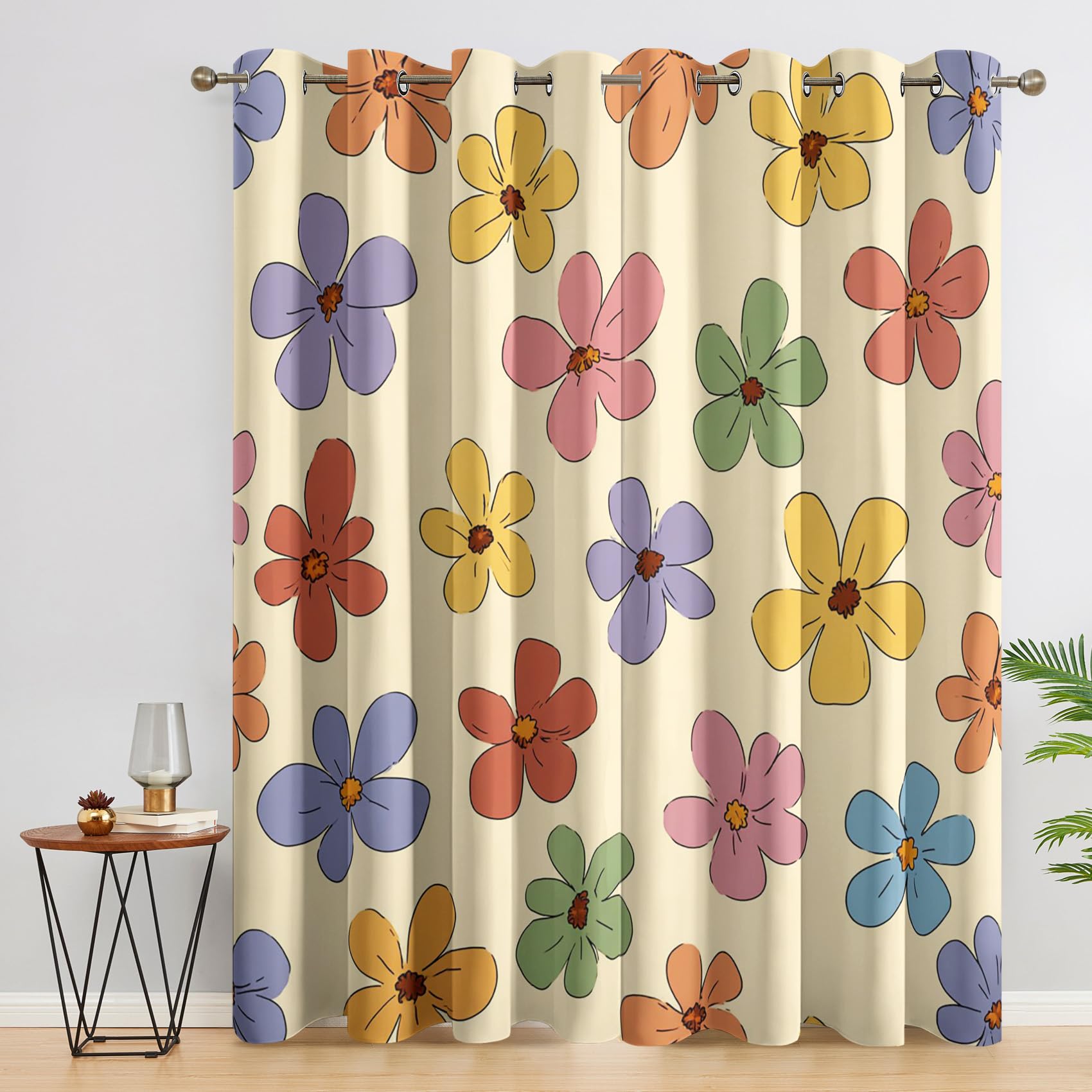 Gänseblümchen Vorhänge Mit ösen Blickdicht, Niedlich Retro 70er Jahre Bunt Blumen Vorhang Schlafzimmer Wohnzimmer Küche 140 x 245 cm Lang, Übergardinen Innen Verdunklungsvorhänge
