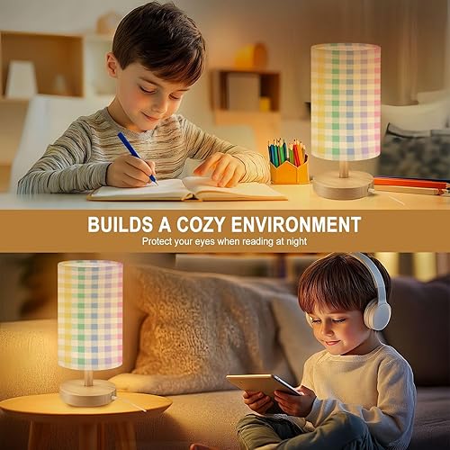 Miniatura 7 de Lámpara de mesa redonda para dormitorio, arco iris, pastel, azul, morado, rosa, amarillo, verde, patrones de cuadros al lado de las lámparas de