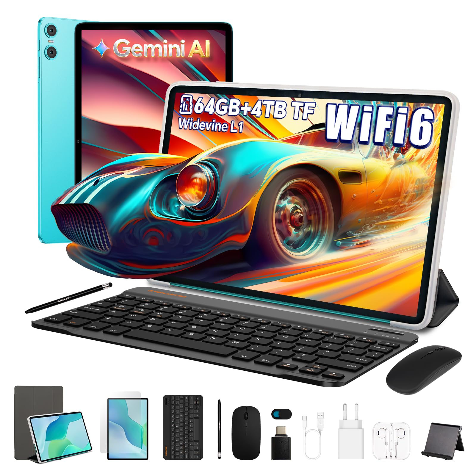 TECLAST P33 Tablet 10 Pollici con 10 Accessori Android 15 Gemini AI, 64GB ROM+4TB TF, WiFi 6, BT 5.4, Octa-Core 2GHz, Widevine L1, GMS, Tastiera+Mouse+Custodia+Supporto+Auricolari, Azzurro lago