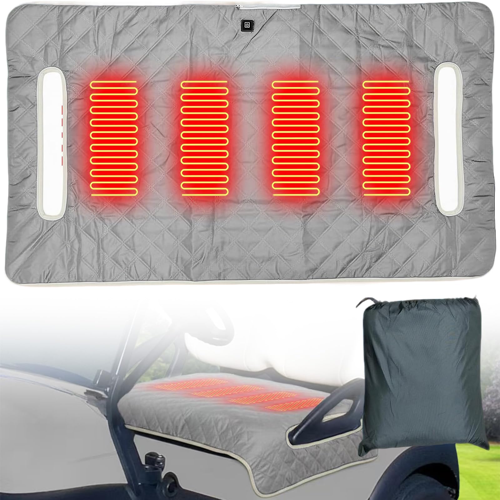 NUSQO Universal Heated Golf Cart Seat Cover - Waterproof Golf Cart Heater Accessory w/ 4-Zone Warmth, 3 Heat Levels, USB/Type-C & 12V Plug for EZGO/