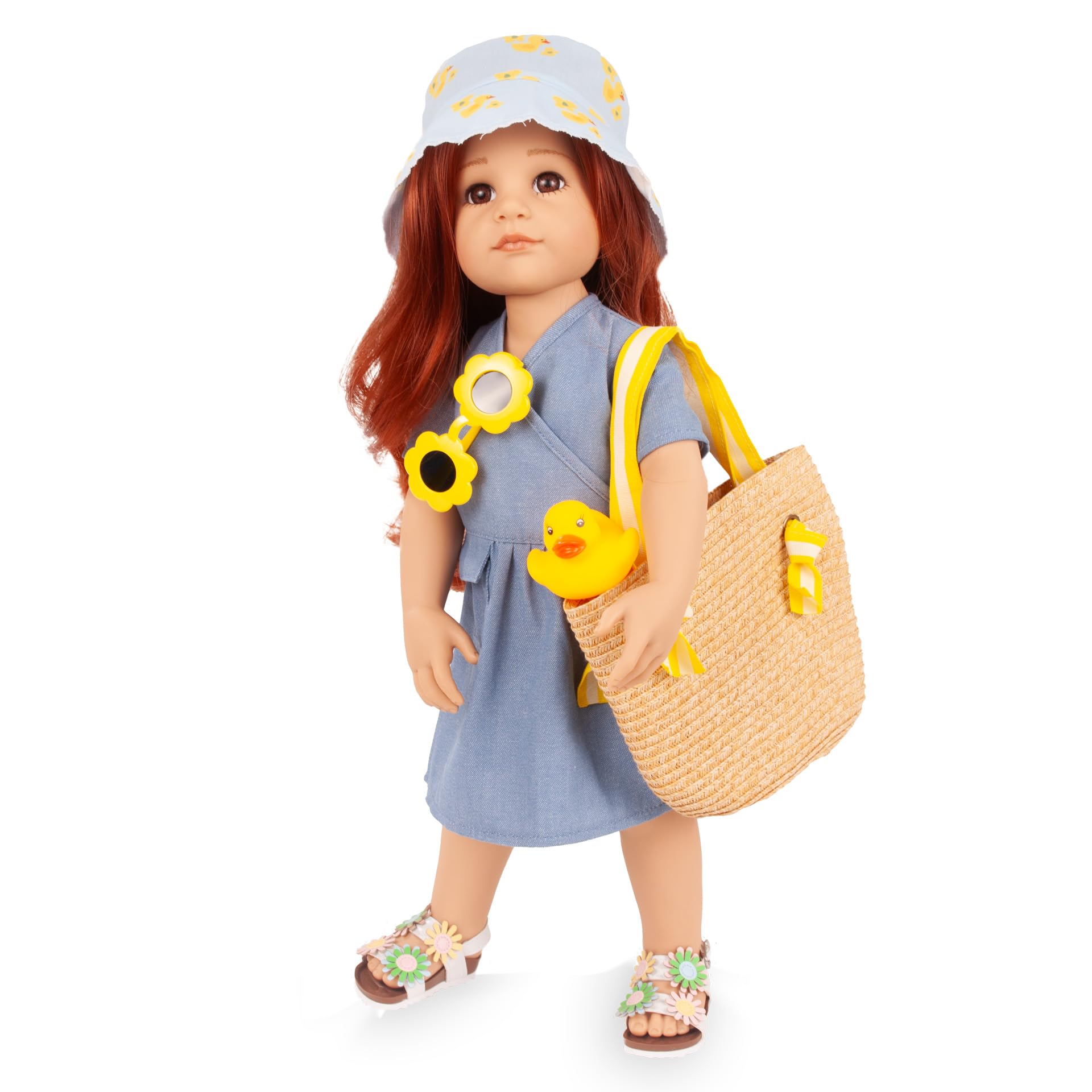 Götz 2659016 Hannah Little Duck Puppe 50 cm Stehpuppe 9-TLG | für Kinder ab 3 Jahren, rote Haare, braune Augen, blaues Wickelkleid, Sonnenbrille, Basttasche, frisierbar, Vinylhartkörper